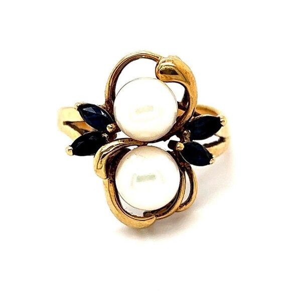 Gorgeous 14k 2-Pearls with 4-Blue Sapphires Ring